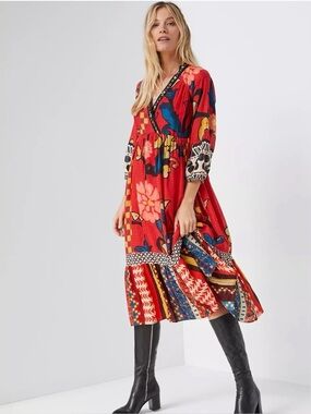 ANTHRO VERB Cayenne Floral Abstract Geometric Patchwork Red Maxi Dress Size 8